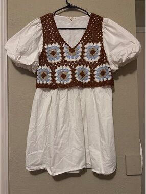 Jodifl Medium White Dress with Brown Crochet Vest Overlay